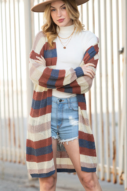 Dark Blue Color Block Striped Cut Out Knit Cardigan