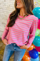 Rose Striped Textured Knit Puff Sleeve Round Neck Top