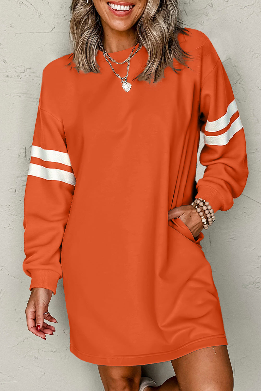 Orange Preppy Striped Sleeve Loose Mini Dress