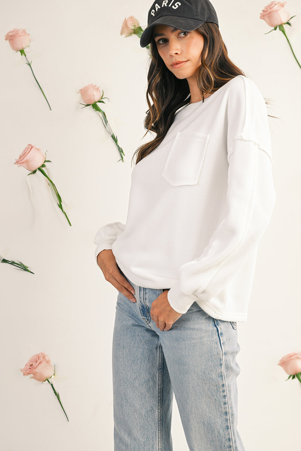 White Solid Color Drop Sleeve Pullover Sweatshirt