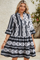 Black Abstract Print Bell Sleeve V Neck Boho Dress