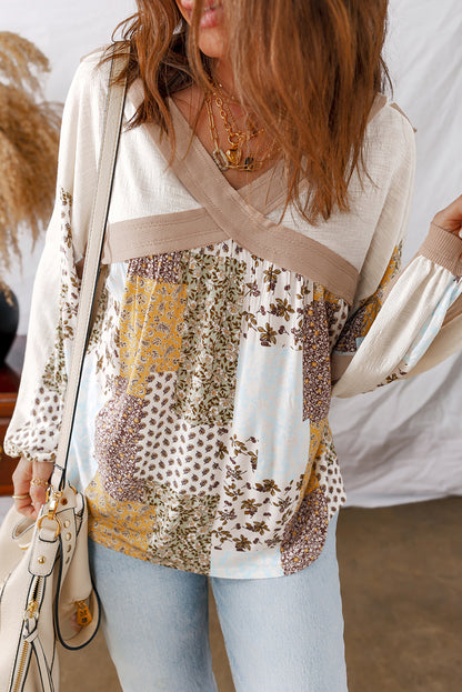 White Floral Print Patchwork Long Sleeve Top