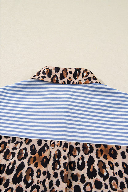 Sky Blue Leopard and Striped Patchwork Button Shirt