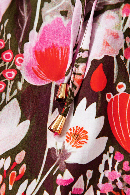 Red Floral 3/4 Sleeve Lace-up Neck Blouse