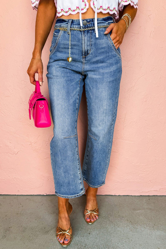 Dusk Blue High Waist Straight Leg Ankle Cropped Jeans