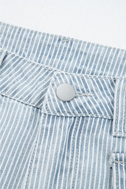 Sky Blue Striped Button Flap Pocket Cuffed Hem Wide Leg Jeans