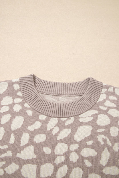 Gray Leopard Spots Pattern Ribbed Trim Drop Shoulder Sweater