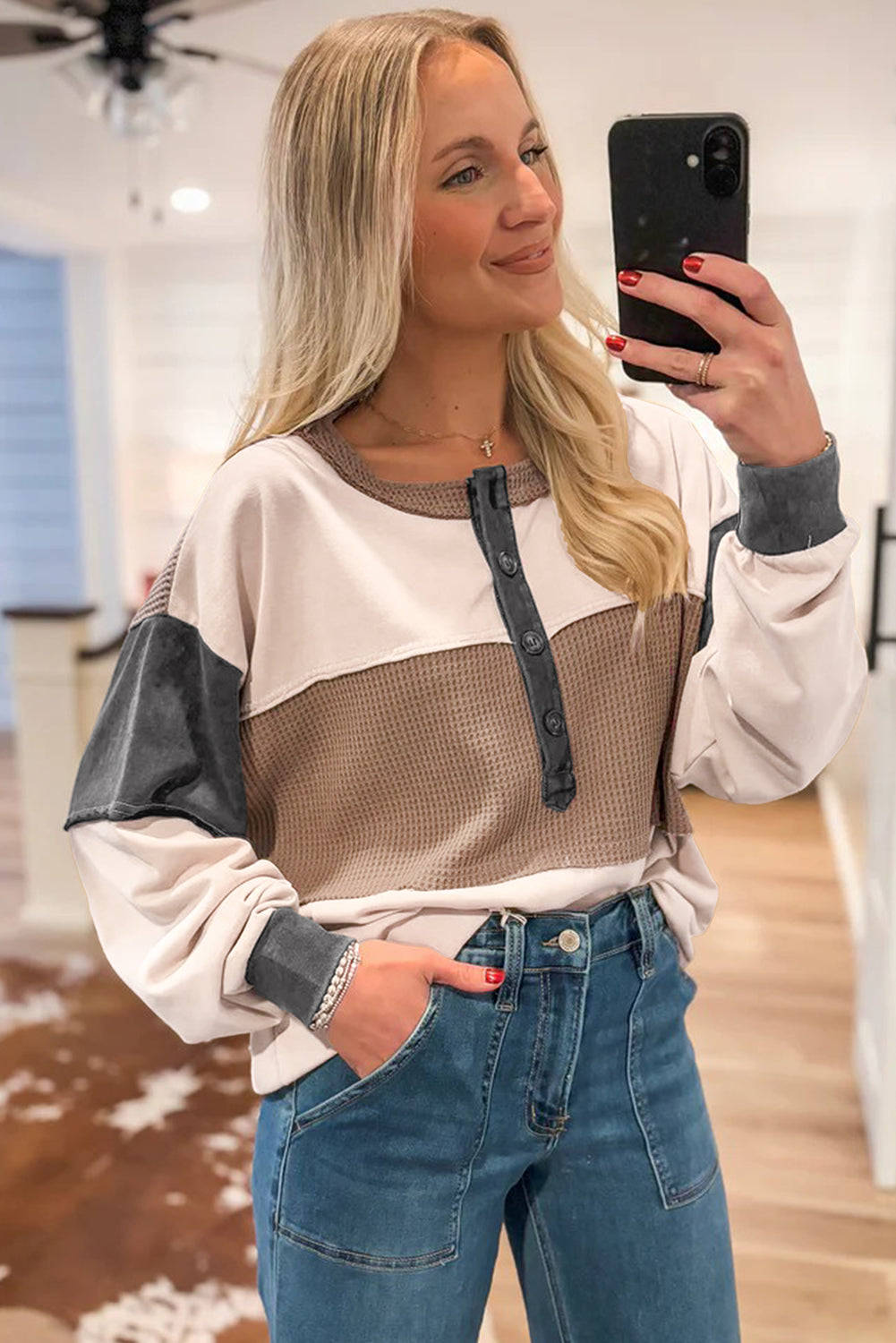 Jet Stream Colorblock Waffle Patchwork Loose Henley Top