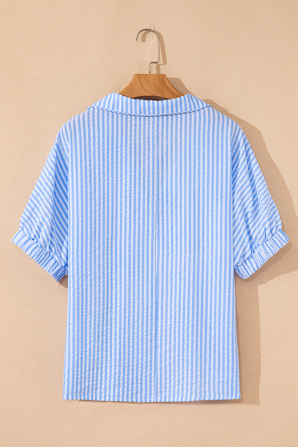Sky Blue Striped Dolman Sleeve Pop of Color Neckline Blouse