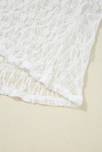 White Sheer Lace Bell Sleeve Mock Neck Blouse