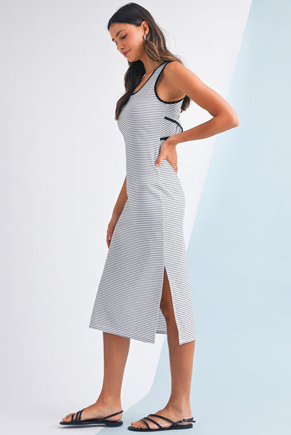 White Striped Criss Cross Back Side Slits Slim Fit Sleeveless Dress