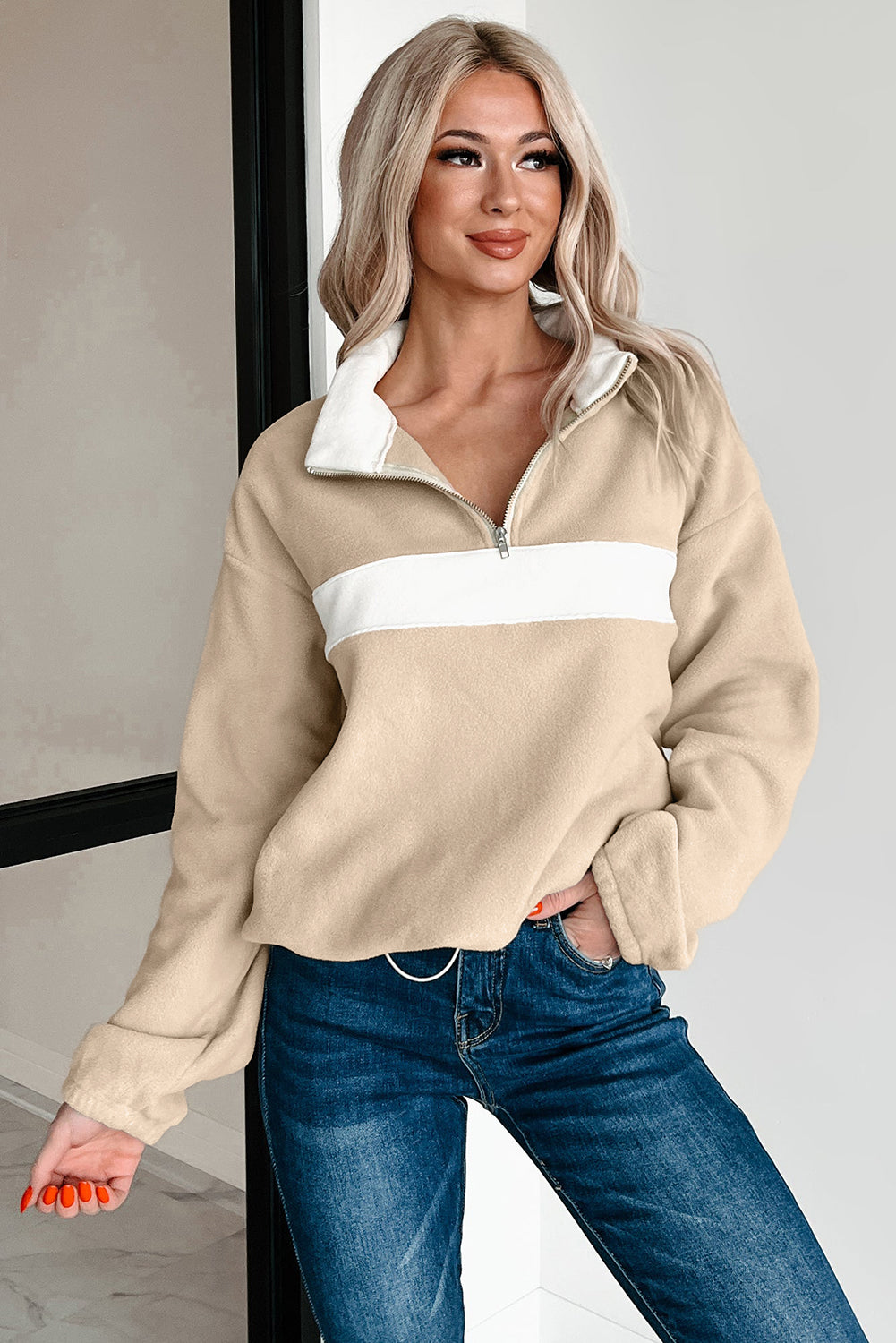 Parchment Fleece Colorblock Patchwork Zipped Collar Pullover Sweatshirt
