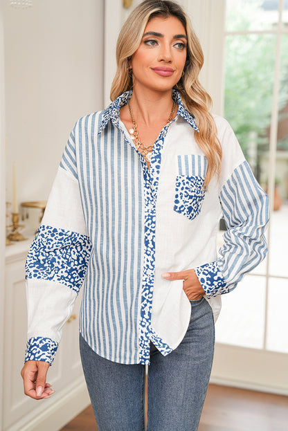 Sky Blue Leopard Striped Patchwork Button-up Shirt