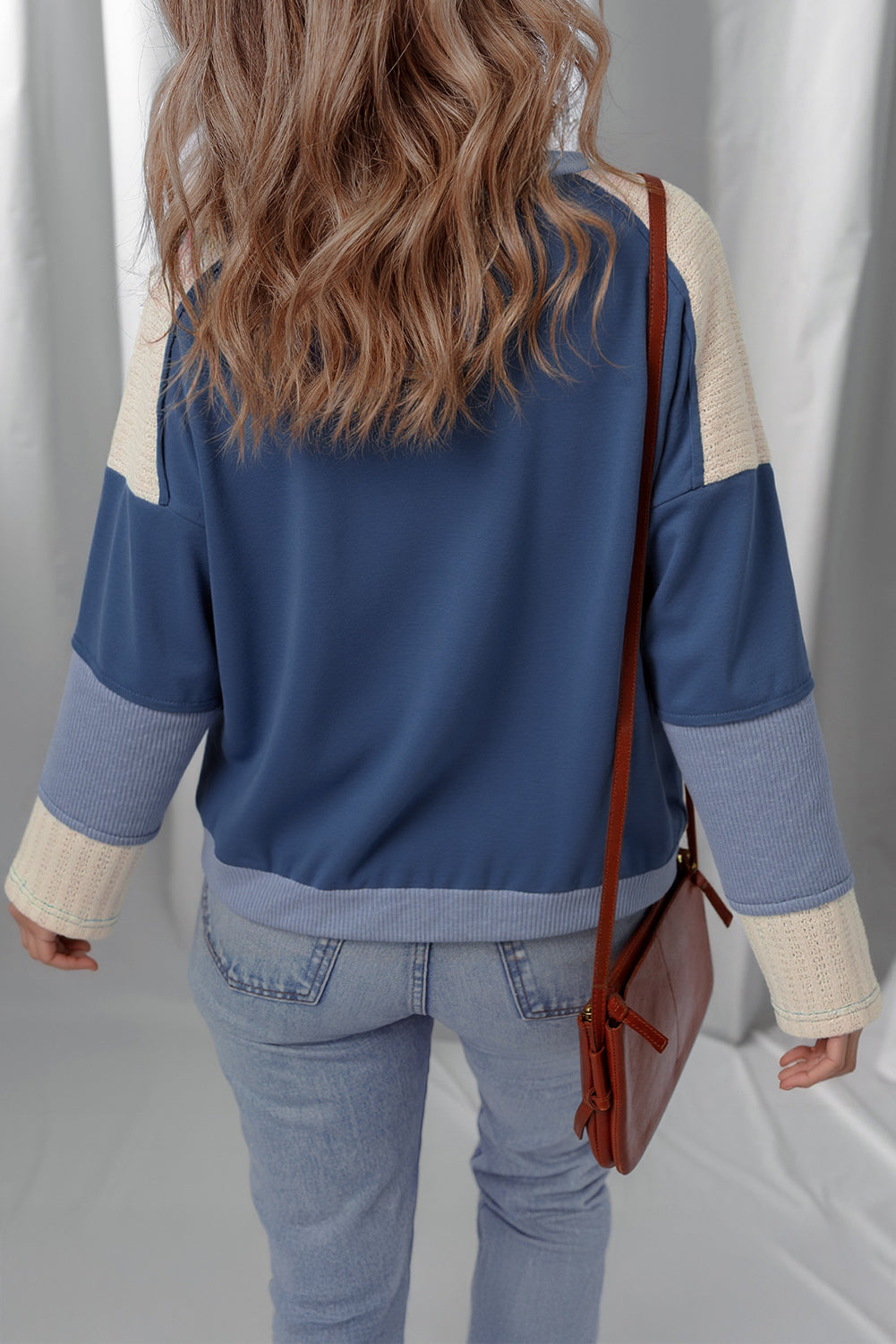 Dark Blue Knitted Colorblock Patchwork Star Patched Long Sleeve Top