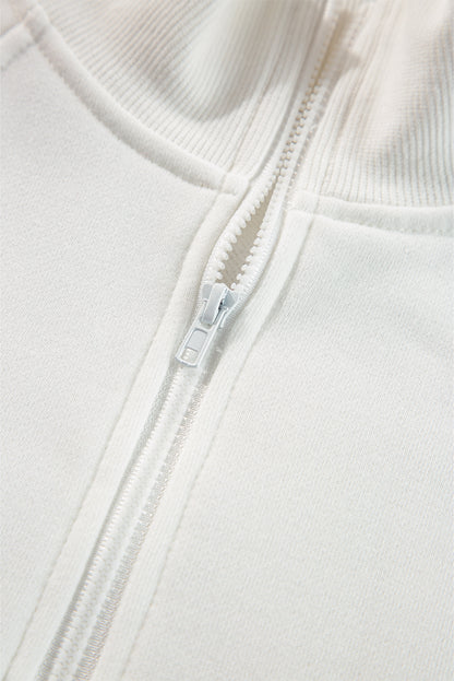 White Zipper Collared Drop Shoulder Plain Sweatshirt