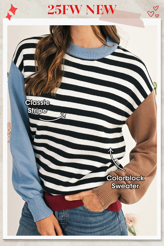 Black Striped Colorblock Patchwork Long Sleeve Sweater