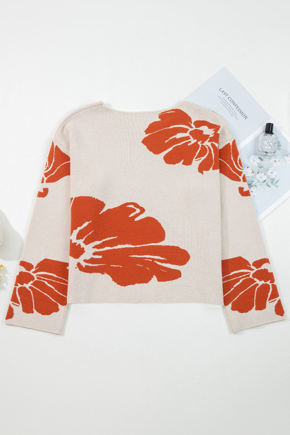 Beige Flower Pattern Drop Sleeve Baggy Sweater