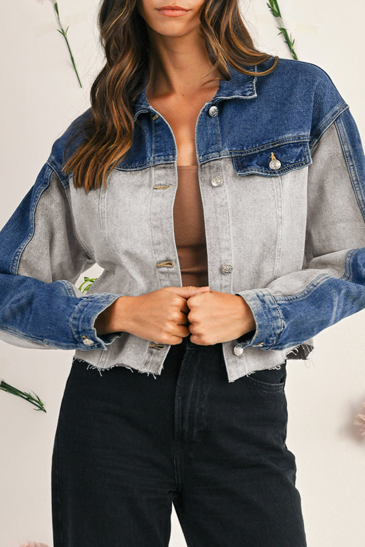 Dusk Blue Patchwork Flap Detail Distress Denim Jacket