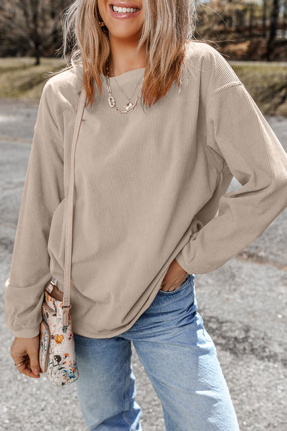 Smoke Gray Plain Drop Sleeve Crinkle Rib Oversized Sweatshirt