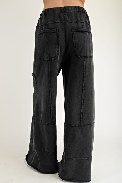 Black Mineral Wash Exposed Seam Wide Leg Cargo Pants