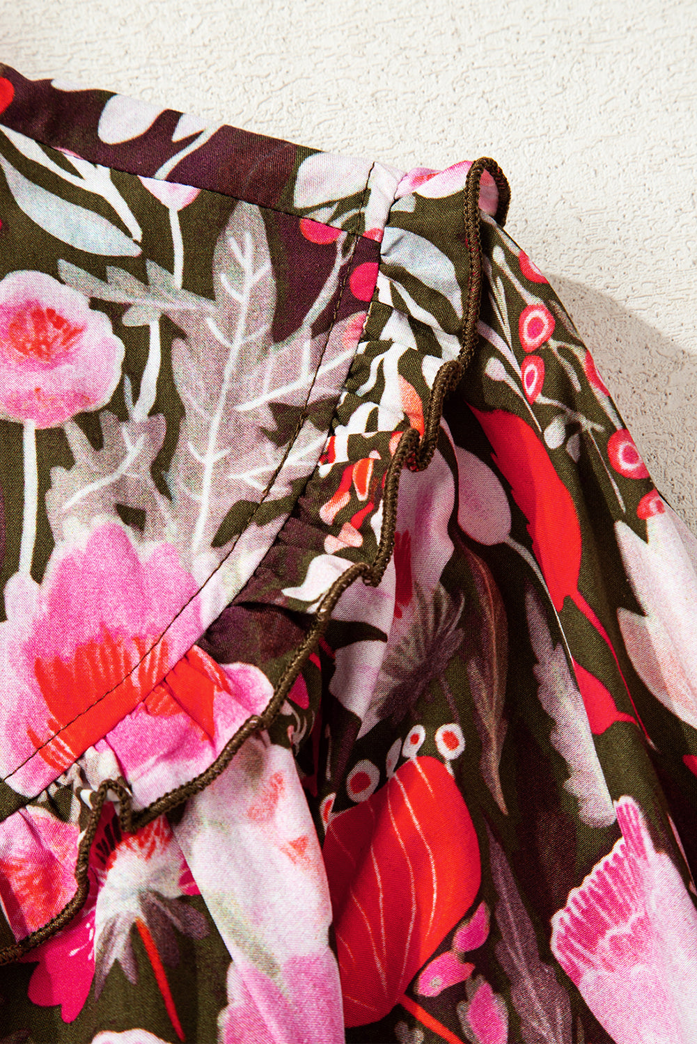 Red Floral 3/4 Sleeve Lace-up Neck Blouse