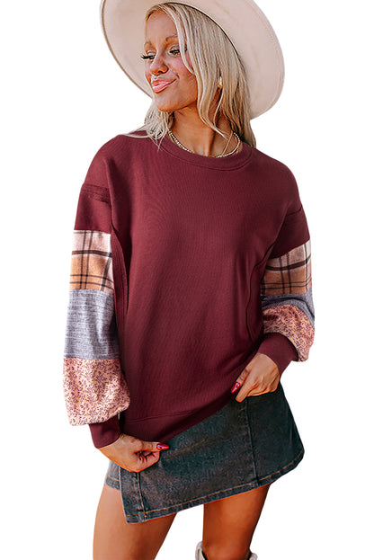Red Sandalwood Plaid Patchwork Sleeve Raw Seam Sweatshirt