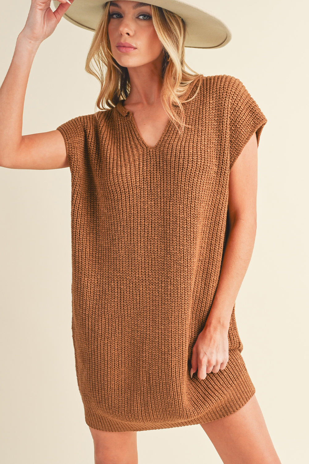 Camel V Neck Loose Fit Mini Knitted Dress