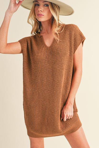 Camel V Neck Loose Fit Mini Knitted Dress