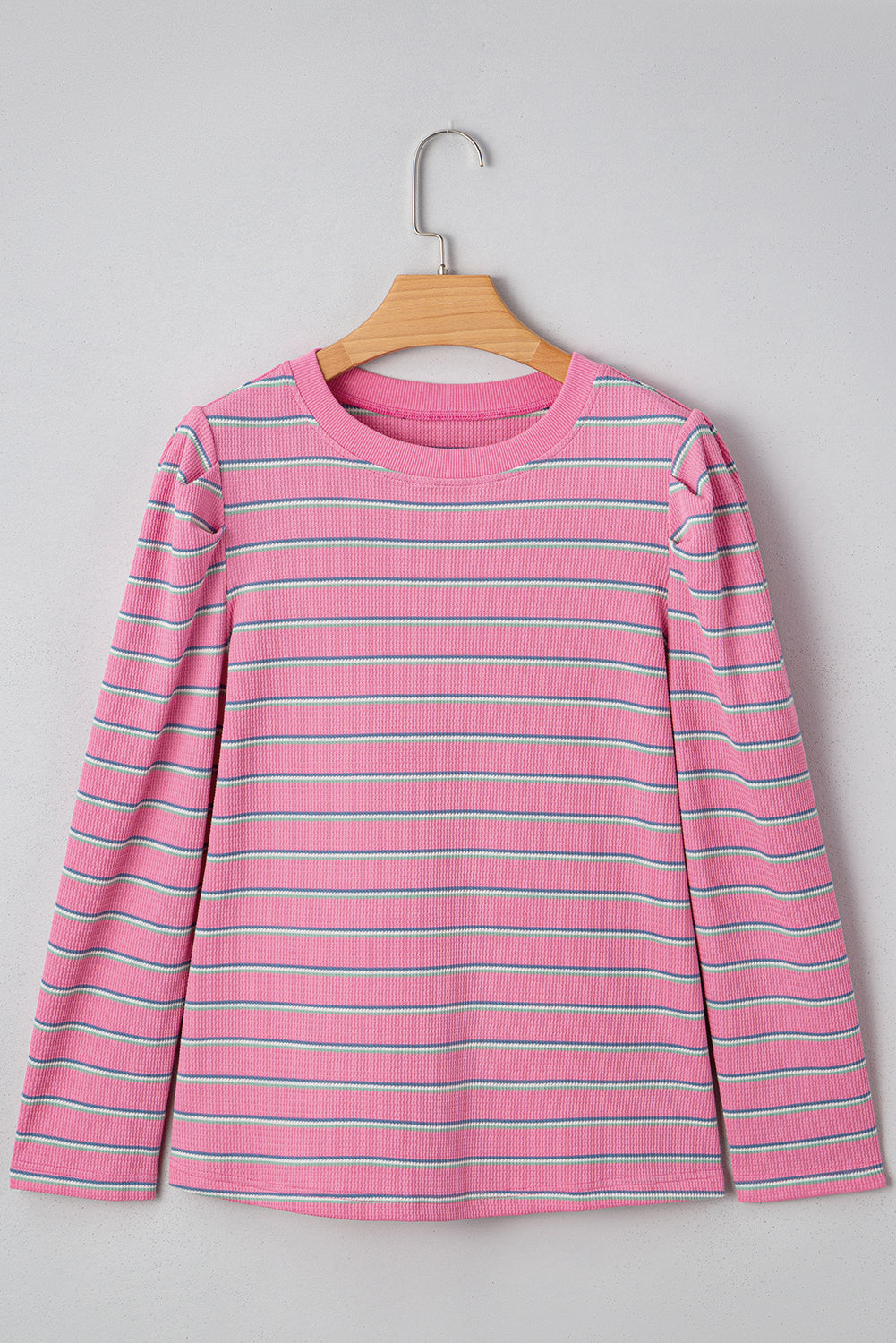 Rose Striped Textured Knit Puff Sleeve Round Neck Top