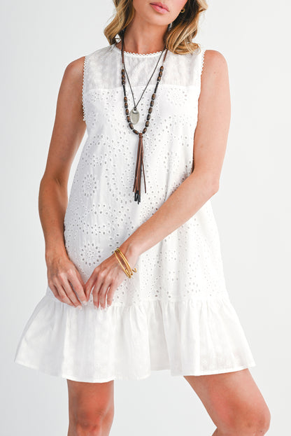 White Floral Eyelet Embroidered Sleeveless Shift Dress