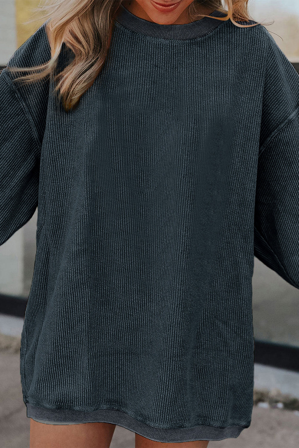 Dark Grey Drop Sleeve Rib Knit Oversized Sweatshirt