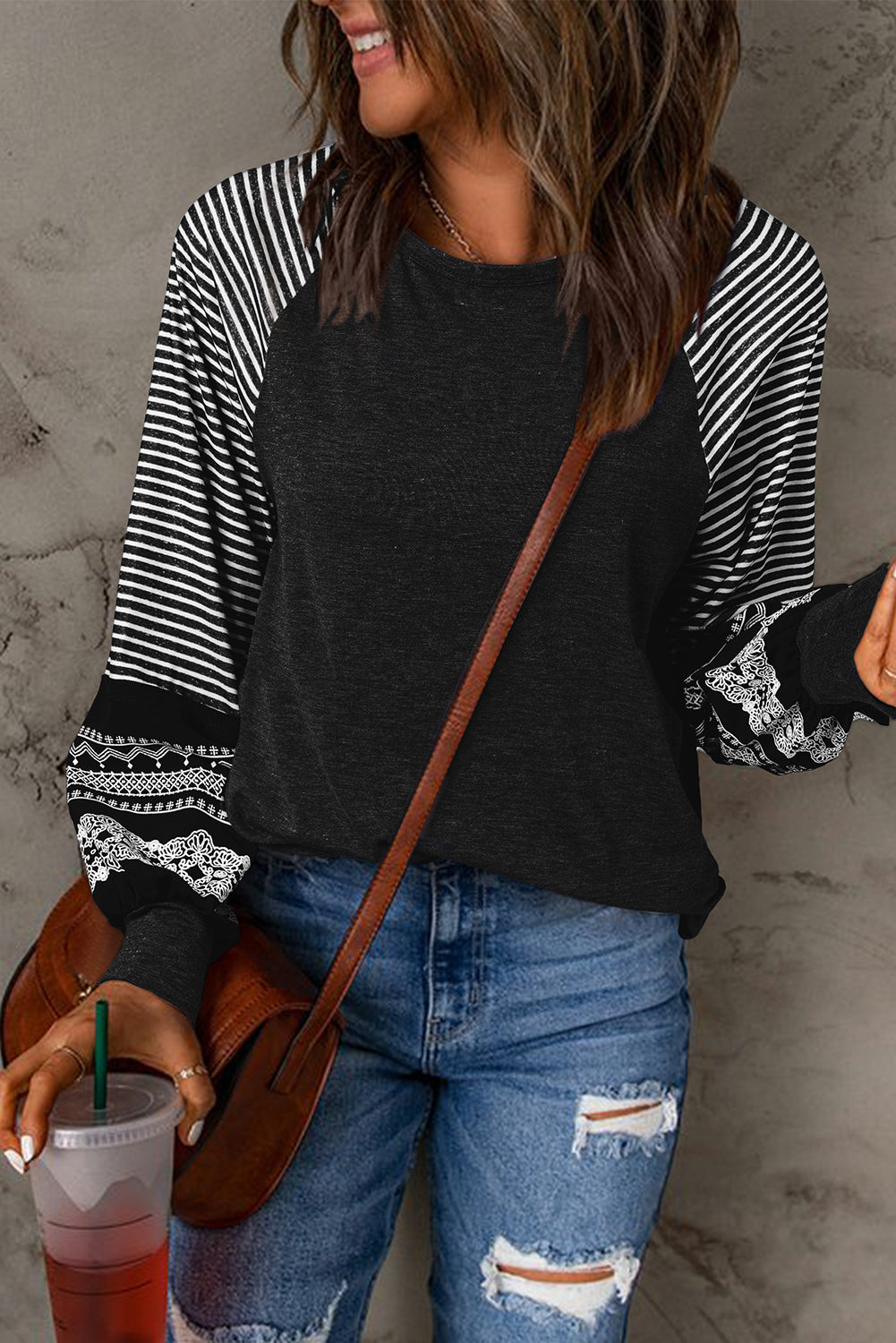 Black Contrast Print Striped Raglan Long Sleeve Loose Top