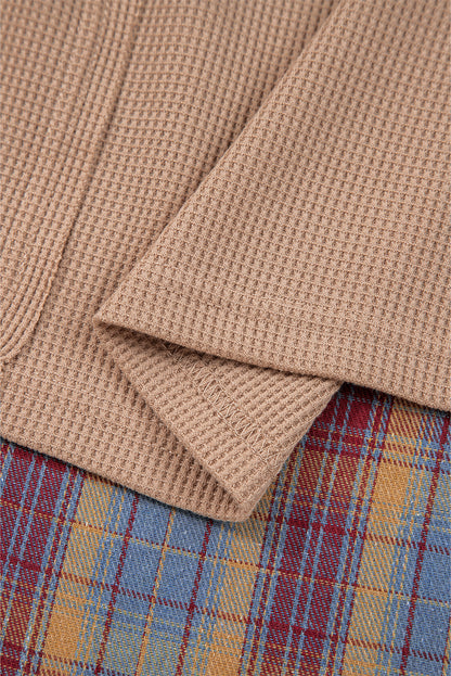 Straw Yellow Waffle Stripe Plaid Patchwork Henley Top