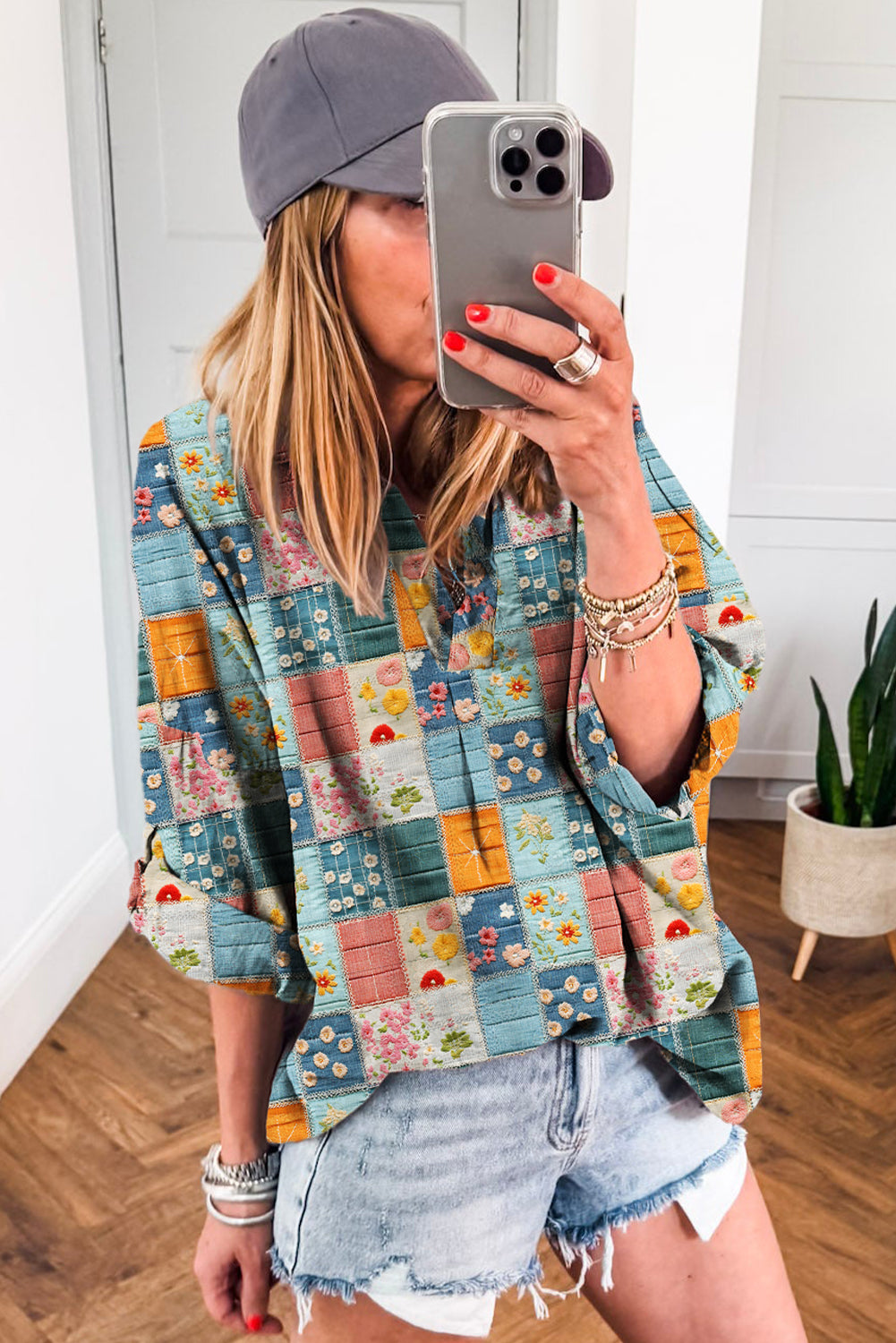 Sky Blue Floral Patchwork Collared V Neck Blouse