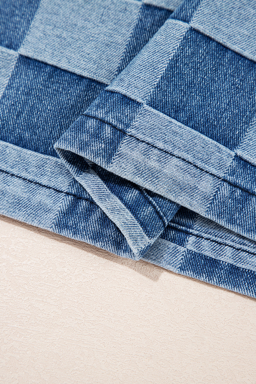 Sky Blue Checkerboard Zipped Collar Kangaroo Pocket Denim Hoodie