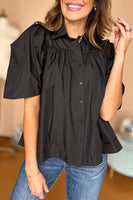 Black Solid Color Puff Sleeve Stylish Collared Shirt