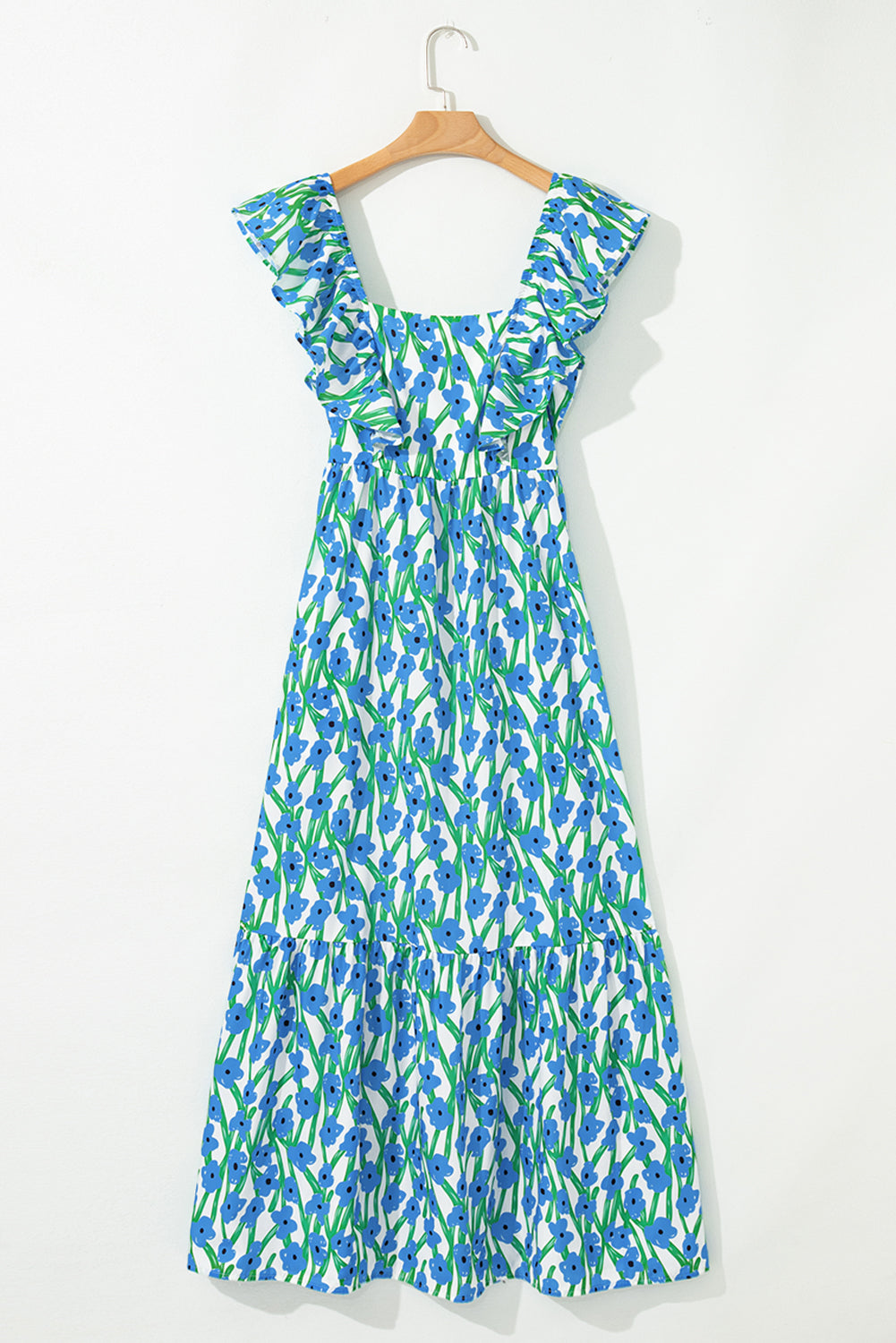 Blue Floral Print Square Neck Ruffled Strap Maxi Dress