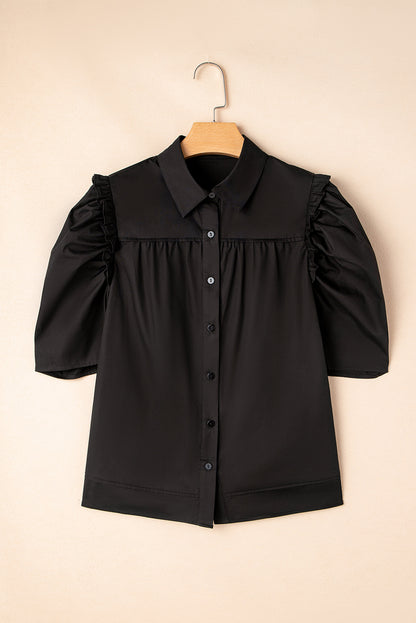 Black Solid Color Puff Sleeve Stylish Collared Shirt