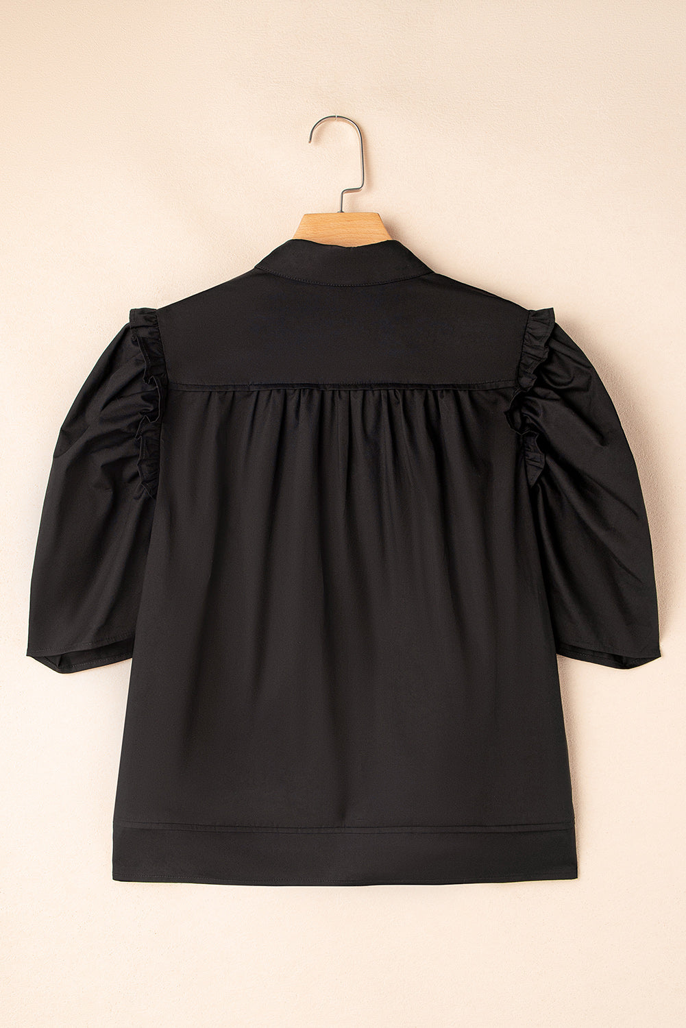 Black Solid Color Puff Sleeve Stylish Collared Shirt
