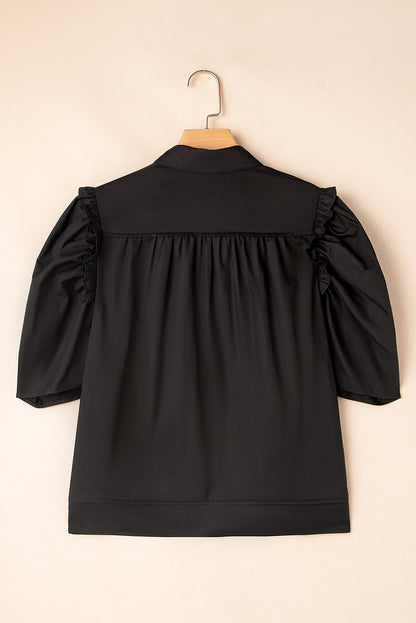 Black Solid Color Puff Sleeve Stylish Collared Shirt