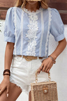 Sky Blue Striped Lace Floral Applique Puff Sleeve Blouse