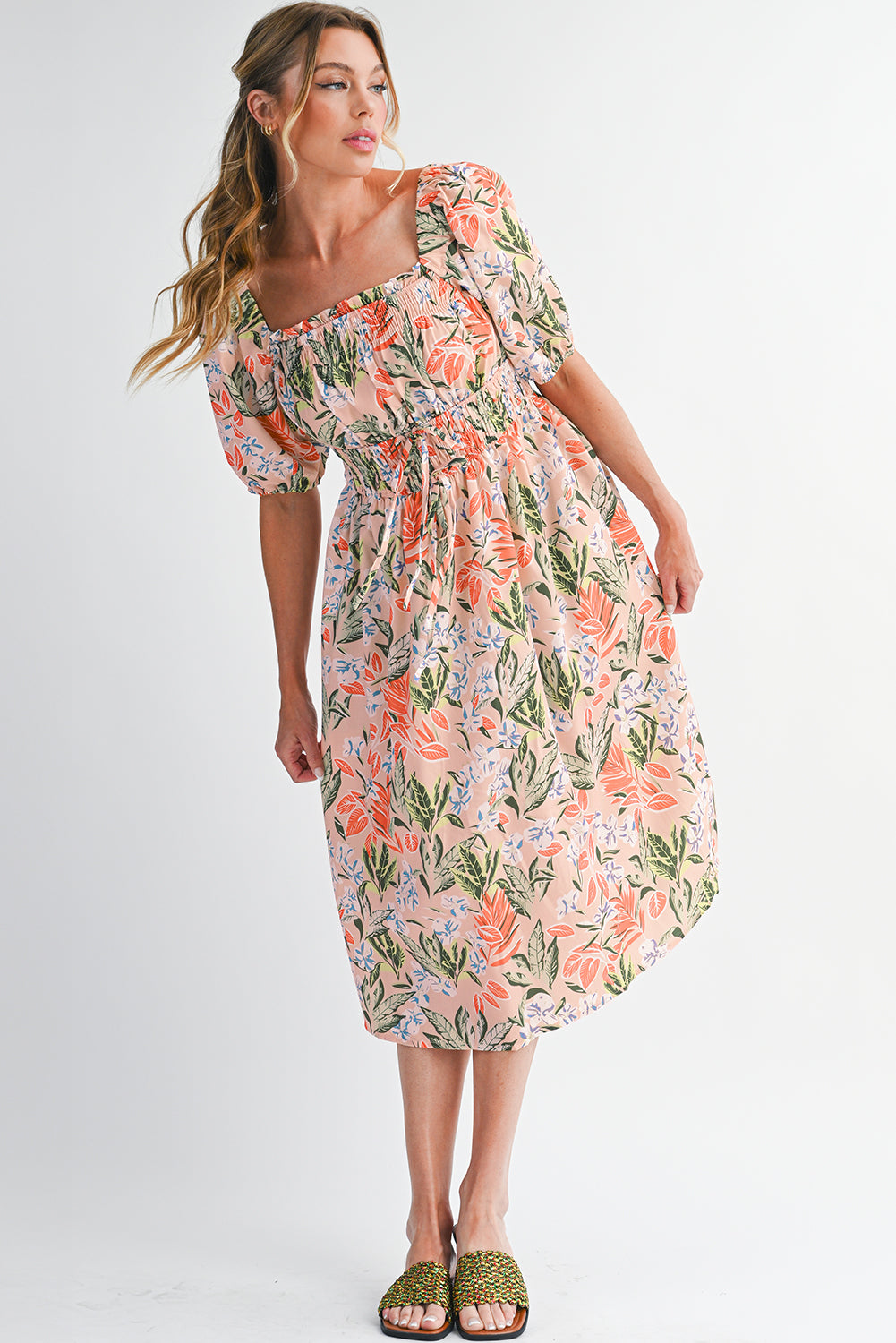Apricot Pink Floral Knot Front Smocked Bubble Sleeve Dress