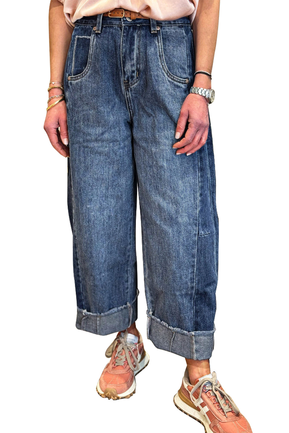 Ashleigh Blue Stitched Raw Hem Wide Leg Loose Jeans