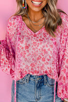 Pink Floral Puff Sleeve Split Neck Blouse