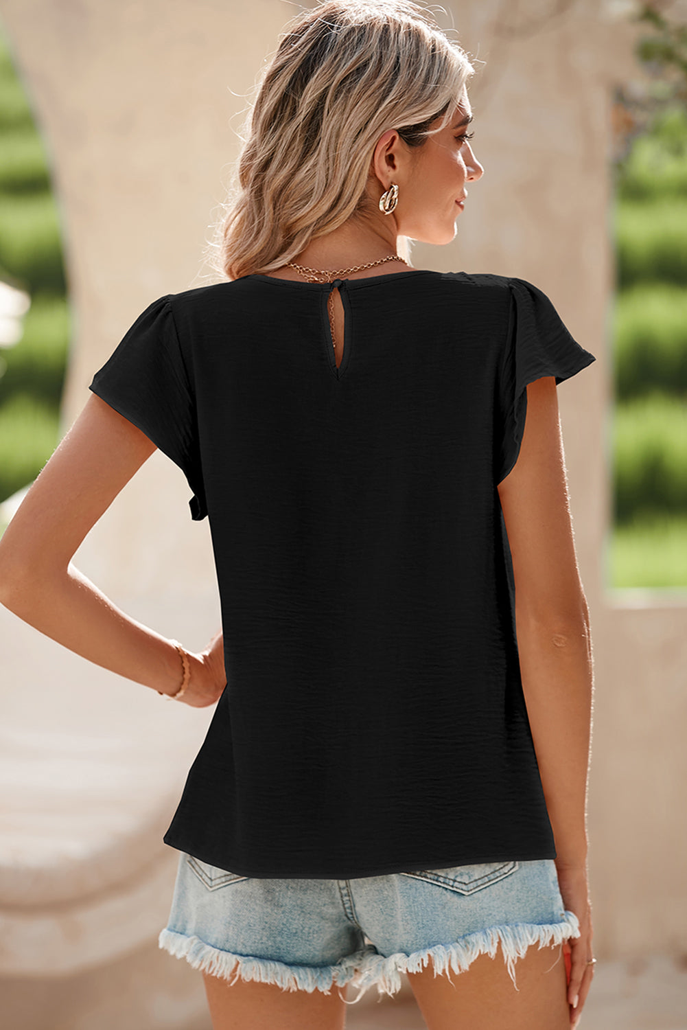 Black Flounce Sleeve Pleated Textured Blouse