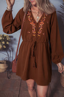 Burgundy Floral Embroidered Tassel Tie Waist Long Sleeve Mini Dress