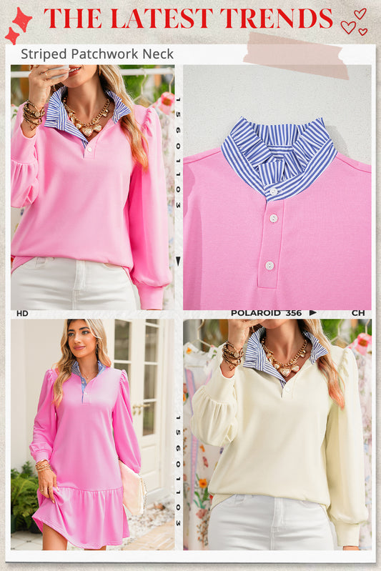 Bonbon Striped Collar Puff Sleeve Sweatshirt