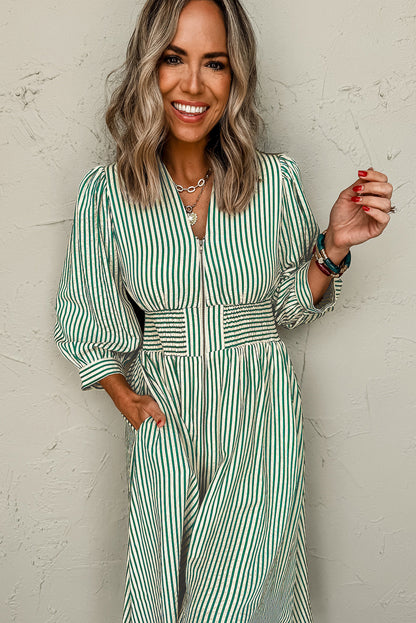 Green Striped V Neck Zip Front Cinched High Waist Midi Dress