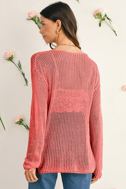 Coral Crochet Hollow-out Knit Sweater