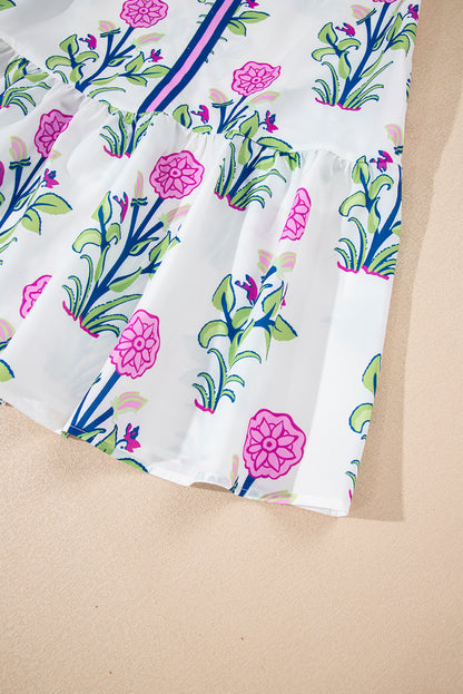 White Floral Print Pop of Color V Neck Mini Dress